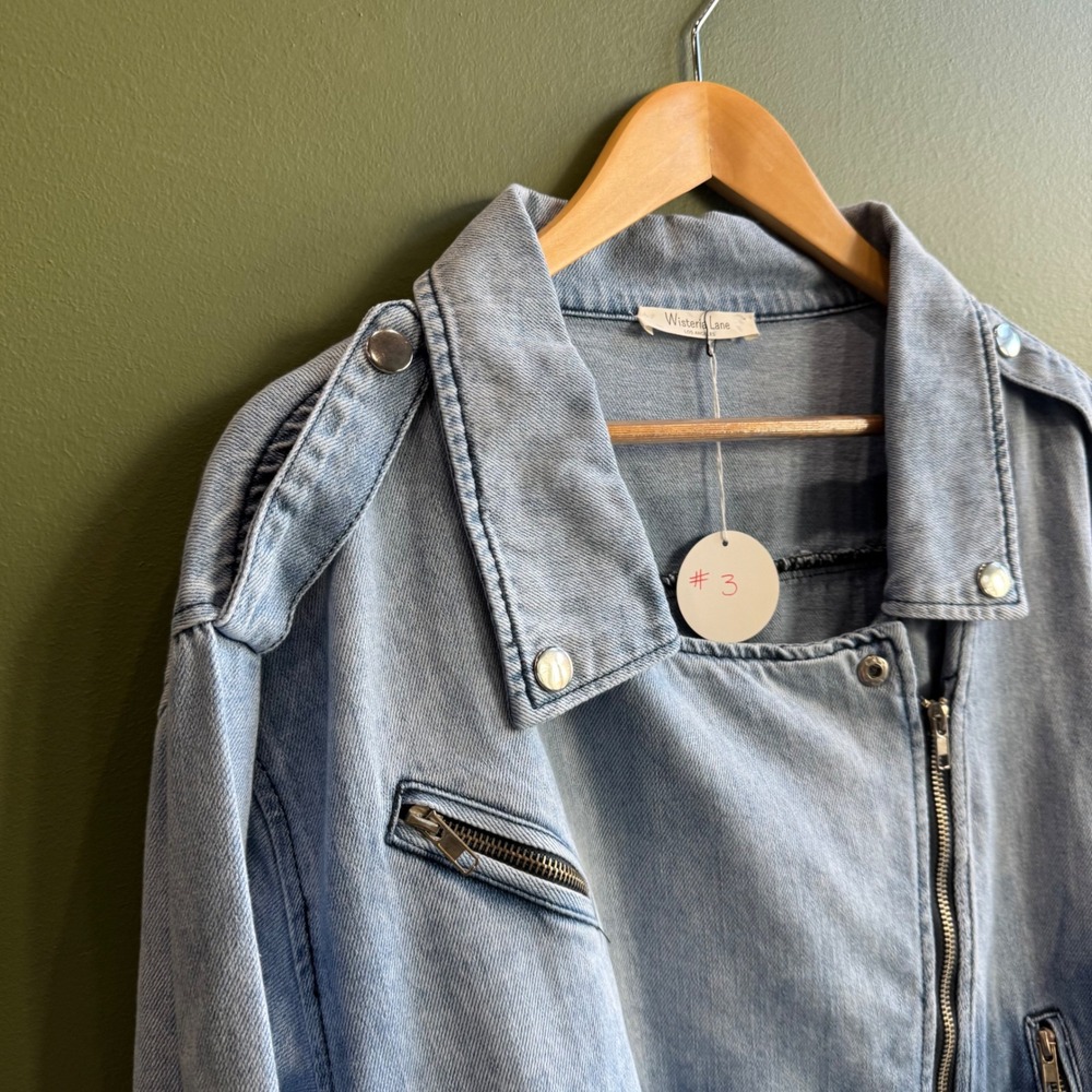 Wisteria Lane Stretch Denim Moto Jacket Zipper Belted NWT $78 X-Large‎ Jean #3 - Picture 5 of 15